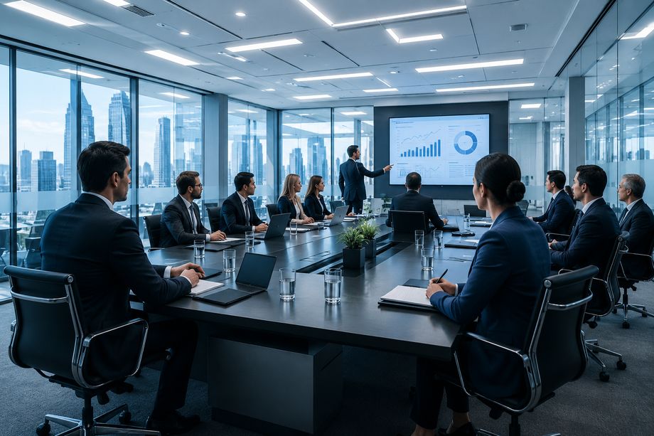 A business team in a boardroom presentation