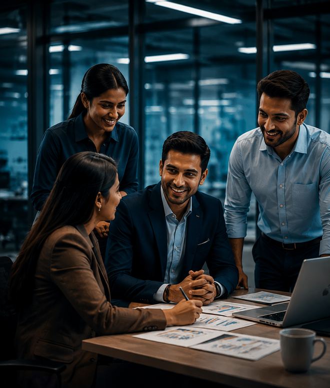 Colleagues collaborating around a desk